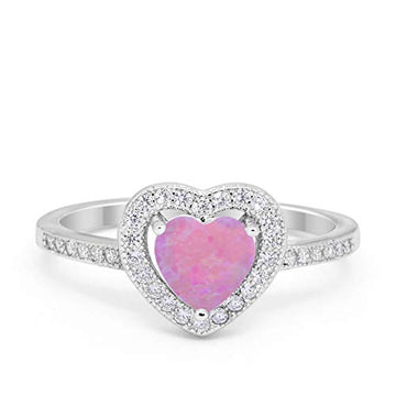 Halo Dazzling Heart Promise Ring Lab Created Pink Opal 925 Sterling Silver